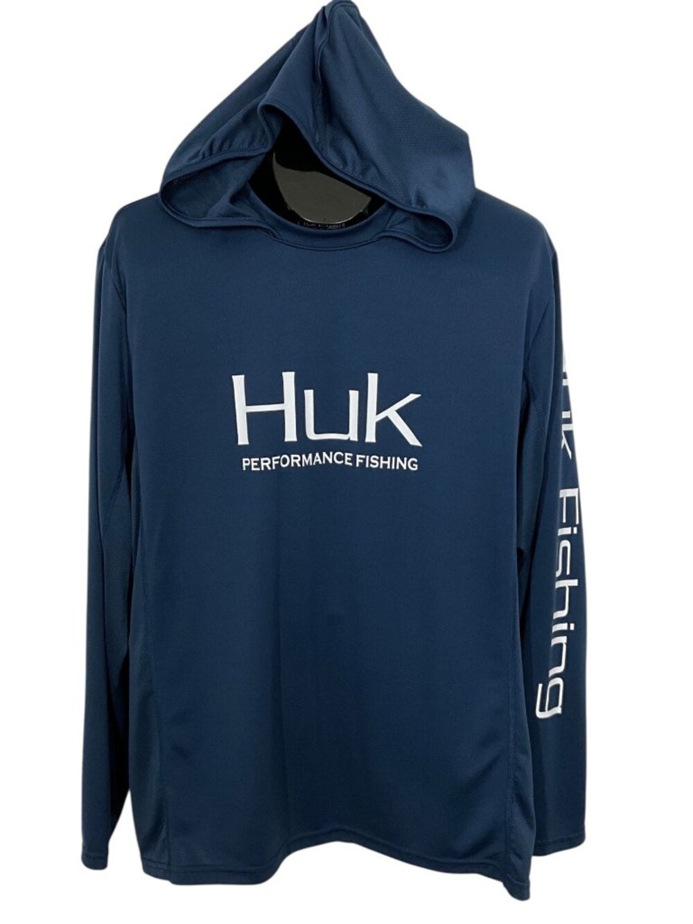 Huk Performance Fabrics Fishing Graphic Hoodie Shirt L Blue Long Sleeve Logo